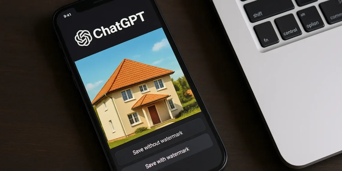 صورة افترافضية توضح واجهة ChatGPT مع خيار حفظ الصور المولدة بالذكاء الاصطناعي مع أو بدون علامات مائية