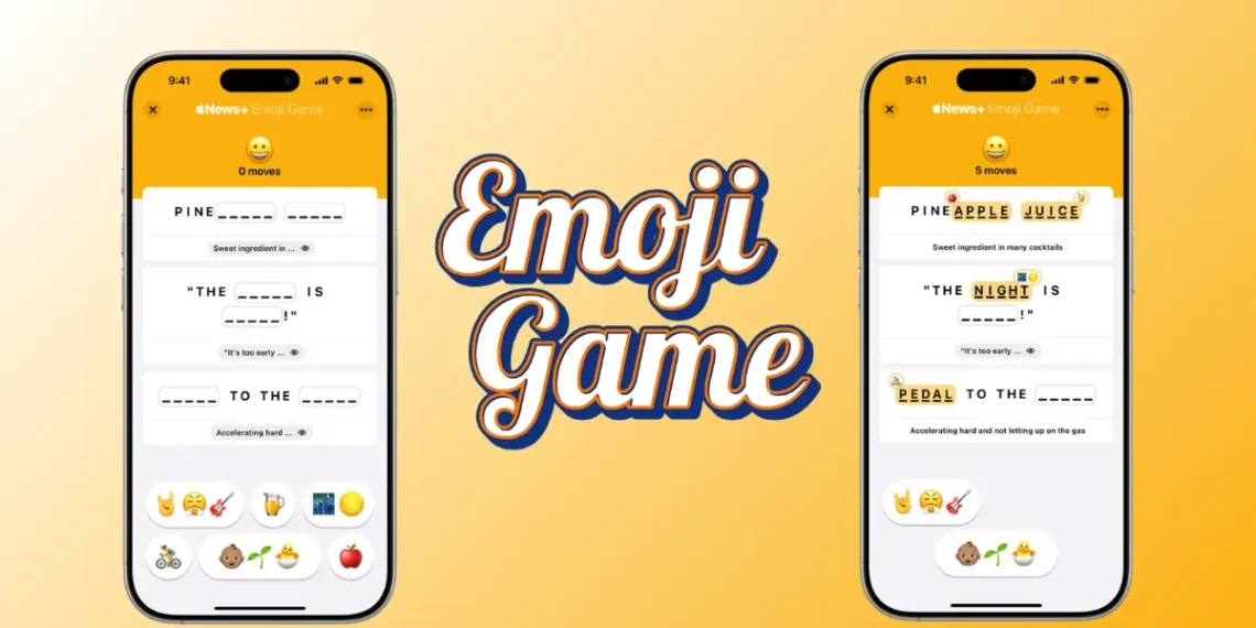 واجهة لعبة Emoji Game على Apple News+ تعرض لغزًا باستخدام رموز تعبيرية Genmoji
