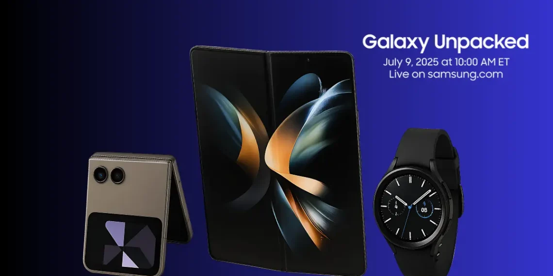 صورة توضح هواتف Galaxy Z Flip 7 وZ Fold 7 وساعة Galaxy Watch 8 من سامسونج، ضمن الأجهزة المتوقعة في حدث Galaxy Unpacked 2025