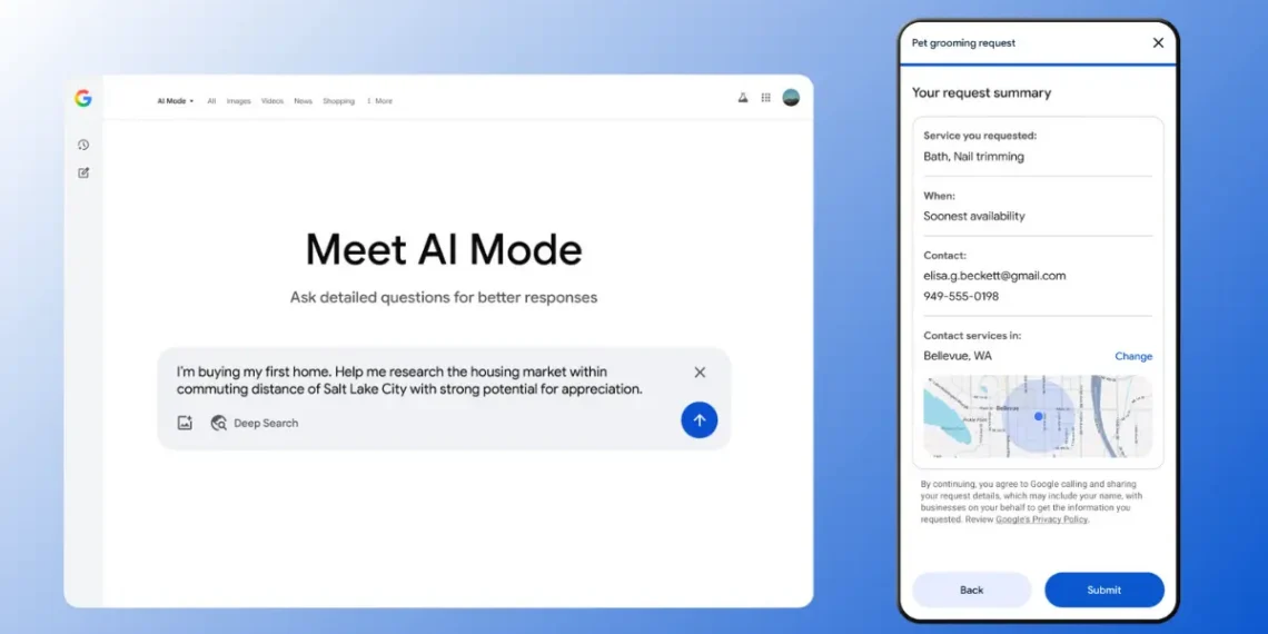 شاشة بحث جوجل تُظهر ميزة الاتصال التجاري الذكي المدعومة بالذكاء الاصطناعي ونموذج Gemini 2.5 Pro