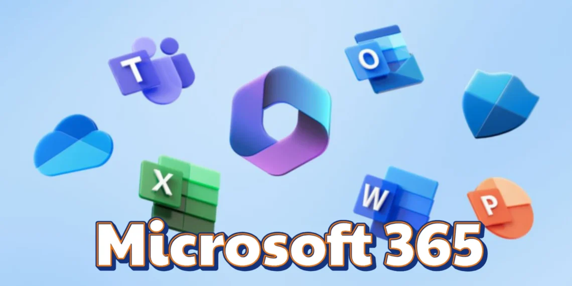 شاشة تعرض واجهة Microsoft 365 مع تطبيقات Word وOutlook وTeams