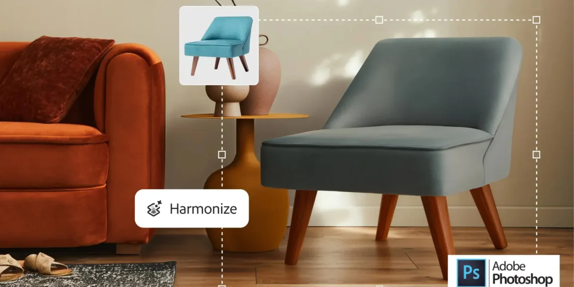 واجهة فوتوشوب تعرض أدوات ذكاء اصطناعي فوتوشوب الجديدة مثل Harmonize وتحسين الصور بدقة عالية
