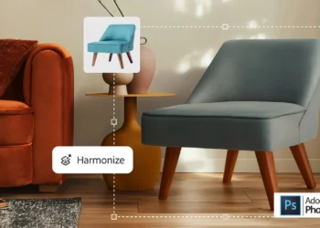 واجهة فوتوشوب تعرض أدوات ذكاء اصطناعي فوتوشوب الجديدة مثل Harmonize وتحسين الصور بدقة عالية