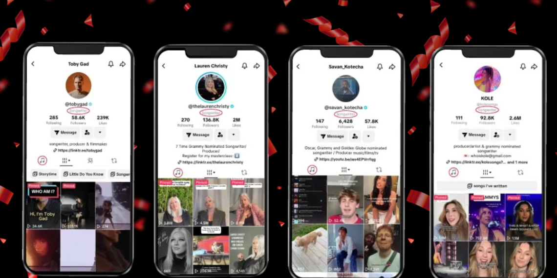 واجهة تطبيق TikTok تُظهر ميزة جديدة مخصصة لدعم المؤلفين الموسيقيين لعرض أعمالهم وبناء حضور احترافي