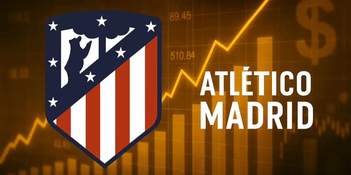 شعار أتلتيكو مدريد يظهر أمام خلفية تعبر عن صفقة استثمارية كبرى مع صندوق أبولو الأميركي بقيمة 2.5 مليار يورو