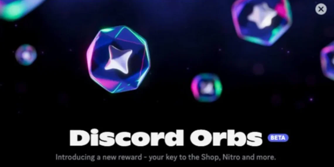 واجهة توضح نظام Orbs في ديسكورد مع عرض عناصر رقمية مثل رصيد Nitro وشارات وتزيينات الملف الشخصي