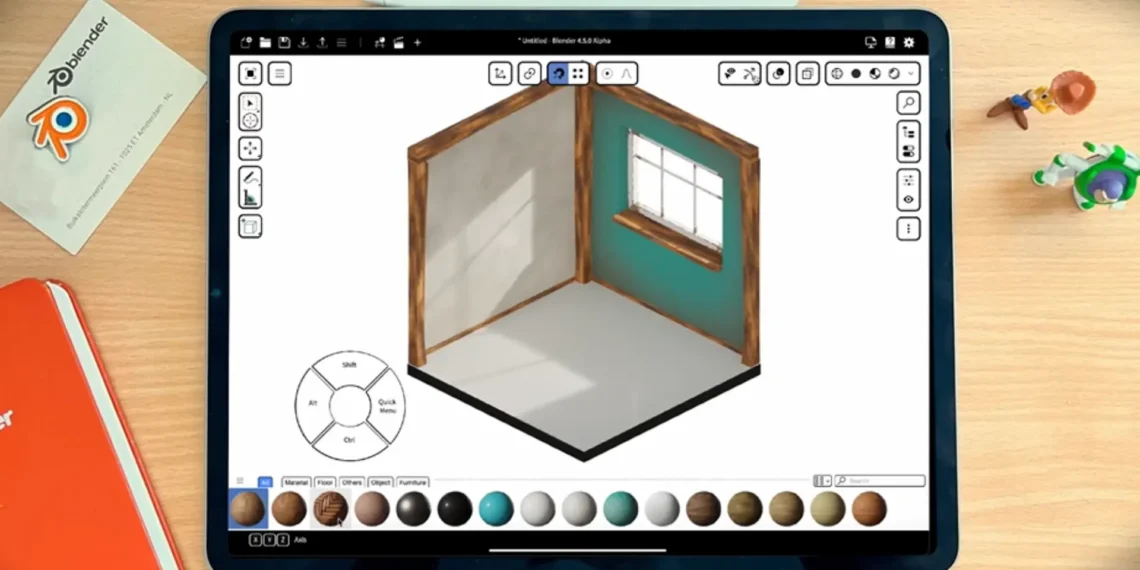 تطبيق Blender يعمل على جهاز آيباد باستخدام Apple Pencil مع واجهة تصميم ثلاثي الأبعاد مخصصة للأجهزة اللوحية