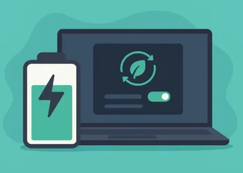 رسم توضيحي لميزة التوفير التكيفي للطاقة في ويندوز 11 يظهر خيارات توفير الطاقة وتحسين عمر البطارية في الأجهزة المحمولة