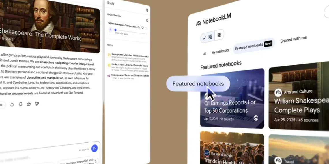 واجهة منصة NotebookLM من جوجل تعرض ميزة الدفاتر المميزة، مع دفاتر تفاعلية تغطي موضوعات مثل شكسبير، الاقتصاد، رفاهية الإنسان، ونصائح الحياة.
