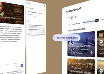 واجهة منصة NotebookLM من جوجل تعرض ميزة الدفاتر المميزة، مع دفاتر تفاعلية تغطي موضوعات مثل شكسبير، الاقتصاد، رفاهية الإنسان، ونصائح الحياة.
