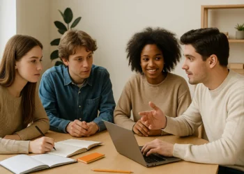 مجموعة طلاب جامعيين يعملون معًا في جلسة عصف ذهني توضح تفوق البشر على الذكاء الاصطناعي في المهام الإبداعية