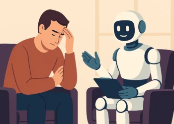 رجل يعاني من القلق يجلس في جلسة علاجية مع روبوت ذكي، في مشهد يعكس التحديات المرتبطة باستخدام العلاج بالذكاء الاصطناعي في الصحة النفسية