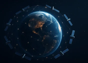 رسم توضيحي ثلاثي الأبعاد لشبكة ستارلينك عبر الأقمار الصناعية حول الأرض يعكس الانقطاع العالمي في الإنترنت