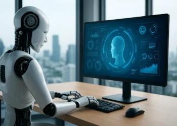 رسم توضيحي يرمز إلى وكلاء الذكاء الاصطناعي داخل بيئة عمل رقمية، يعكس مستقبل التقنية وتحديات تنفيذها وفقًا لتقرير جارتنر