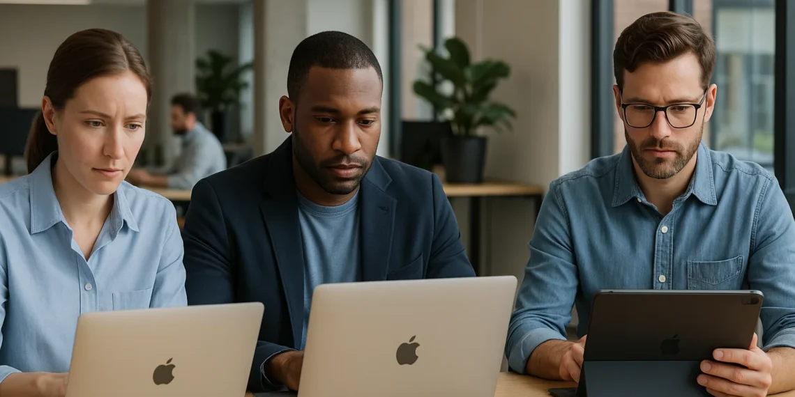 صورة توضيحية لموظفين يستخدمون أجهزة آبل في بيئة عمل حديثة مع إبراز تكامل تقنيات الذكاء الاصطناعي
