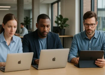 صورة توضيحية لموظفين يستخدمون أجهزة آبل في بيئة عمل حديثة مع إبراز تكامل تقنيات الذكاء الاصطناعي