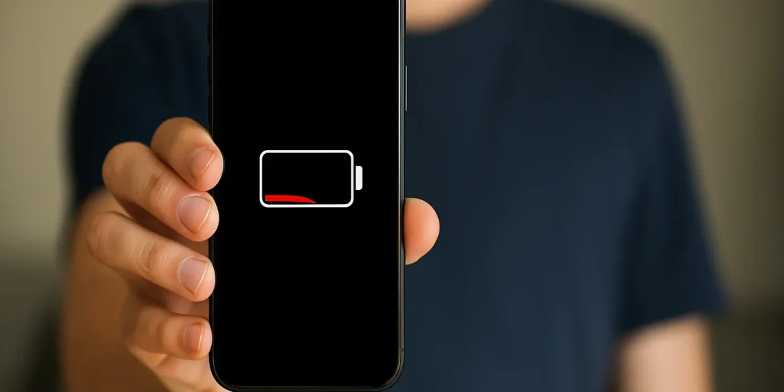 شخص يمسك بهاتف ذكي مع عرض نسبة البطارية المنخفضة للتعبير عن أخطاء تستهلك بطارية هاتفك
