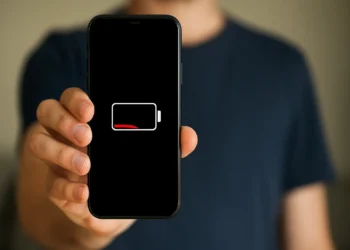 شخص يمسك بهاتف ذكي مع عرض نسبة البطارية المنخفضة للتعبير عن أخطاء تستهلك بطارية هاتفك