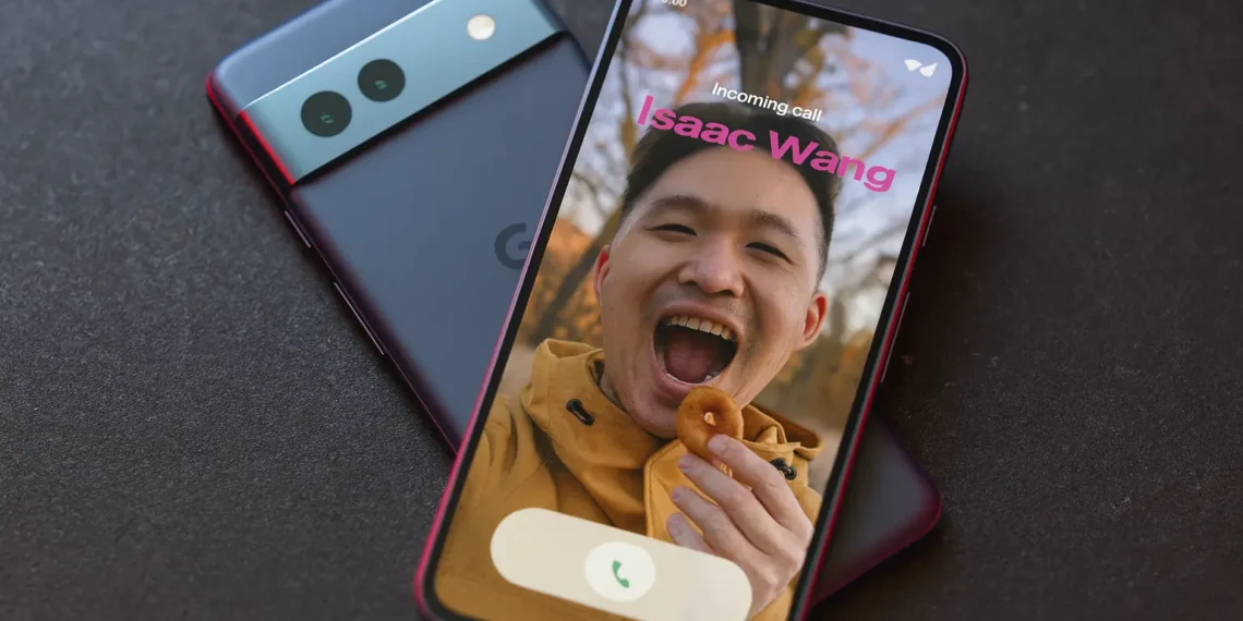 هاتف بيكسل يعرض ميزة بطاقات الاتصال الجديدة من جوجل على شاشة المكالمات مع صورة ملونة واسم جهة الاتصال بخط مميز