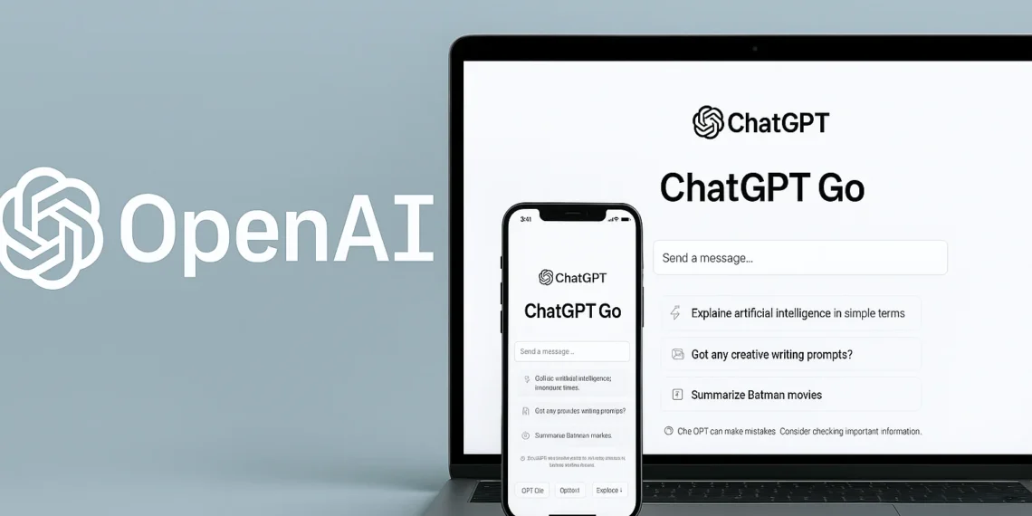 شعار OpenAI مع عرض واجهة ChatGPT Go على الهاتف والكمبيوتر، يوضح تفاصيل خطة ChatGPT Go الجديدة في الهند