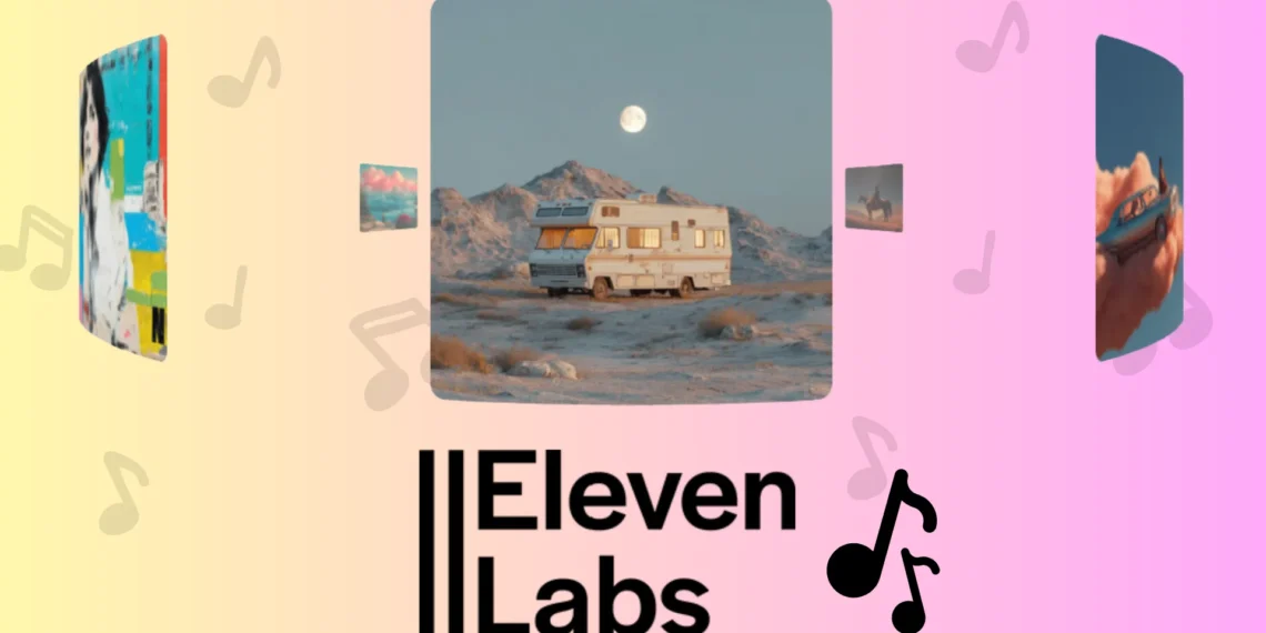 واجهة عرض توضح آلية عمل مولد موسيقى بالذكاء الاصطناعي من ElevenLabs للاستخدام التجاري في صناعة الموسيقى الرقمية