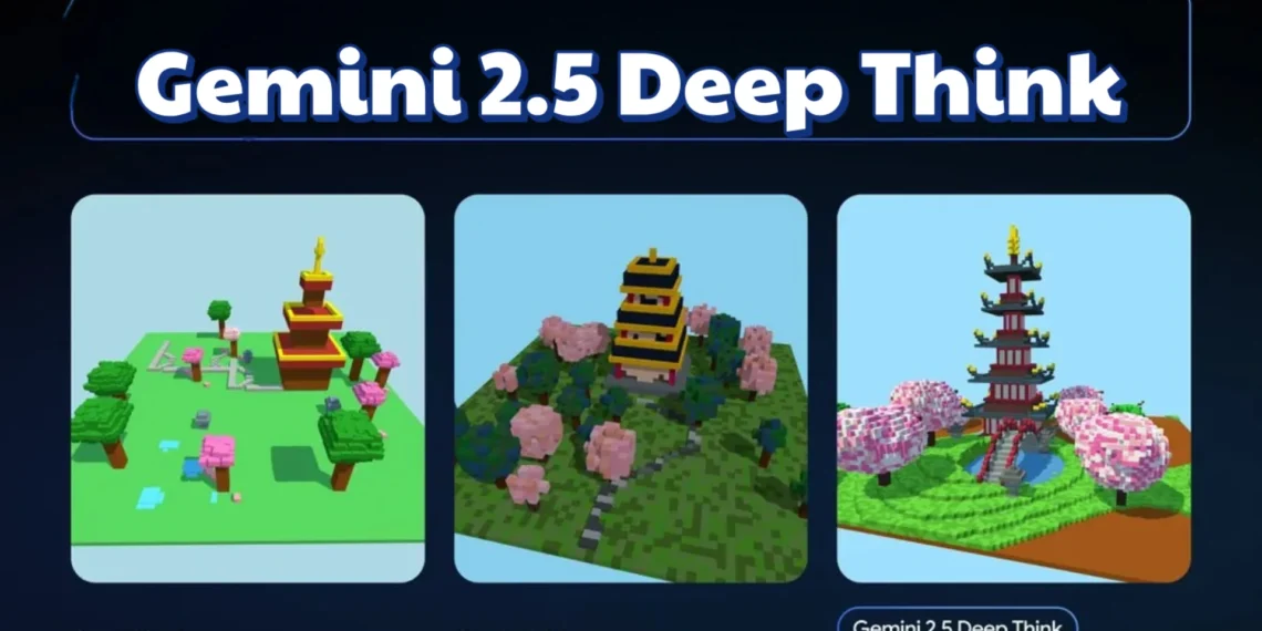 مشهد فني ثلاثي الأبعاد بأسلوب voxel يوضح حديقة يابانية هادئة مع برج باجودا وأشجار مزهرة، يعكس دقة وعمق Gemini 2.5 Deep Think