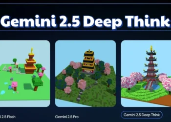 مشهد فني ثلاثي الأبعاد بأسلوب voxel يوضح حديقة يابانية هادئة مع برج باجودا وأشجار مزهرة، يعكس دقة وعمق Gemini 2.5 Deep Think