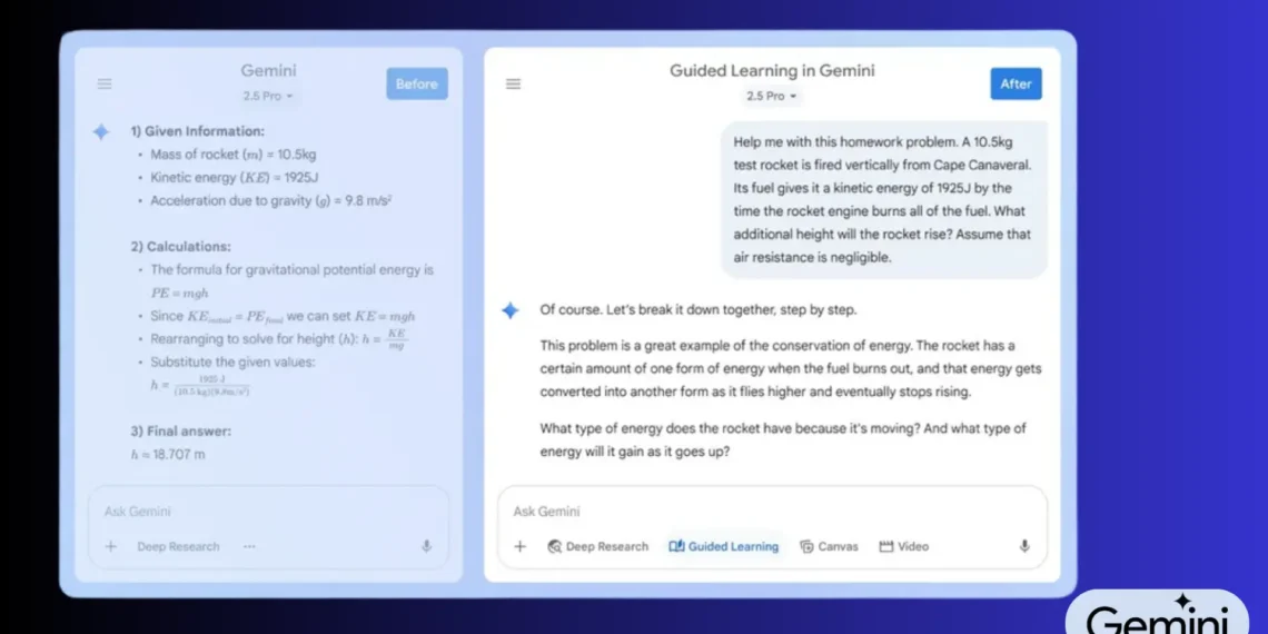 واجهة Google Gemini توضح أداة جوجل التعلم الموجه لمساعدة الطلاب على الفهم التفاعلي باستخدام الذكاء الاصطناعي