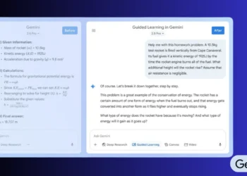 واجهة Google Gemini توضح أداة جوجل التعلم الموجه لمساعدة الطلاب على الفهم التفاعلي باستخدام الذكاء الاصطناعي