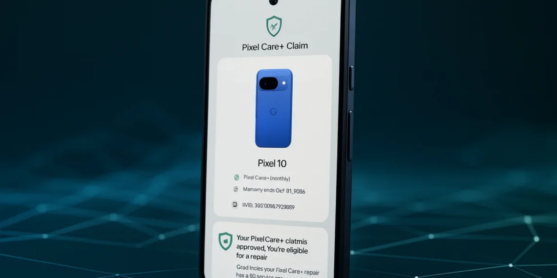 صورة توضيحية لبرنامج Pixel Care+ من جوجل يظهر فيها هاتف بيكسل مع خدمات إصلاح الشاشة والبطارية المجانية وضمان الأجهزة