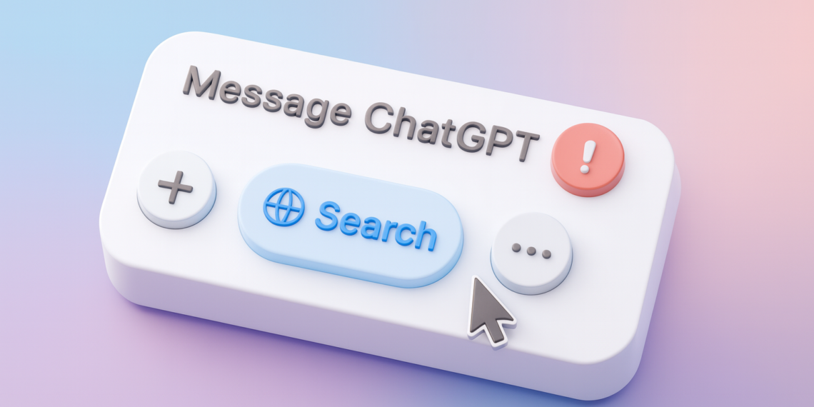 لوحة تحكم ثلاثية الأبعاد تحاكي واجهة محادثة ChatGPT، تظهر زر البحث والأزرار الجانبية مع مؤشر الفأرة، في تصميم عصري