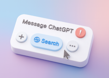 لوحة تحكم ثلاثية الأبعاد تحاكي واجهة محادثة ChatGPT، تظهر زر البحث والأزرار الجانبية مع مؤشر الفأرة، في تصميم عصري