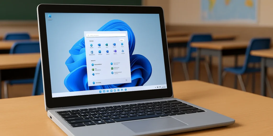 صورة ثلاثية الأبعاد لجهاز Surface Laptop SE داخل فصل دراسي يعمل بنظام Windows 11 SE