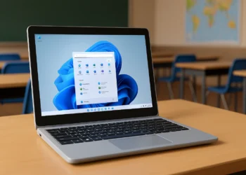 صورة ثلاثية الأبعاد لجهاز Surface Laptop SE داخل فصل دراسي يعمل بنظام Windows 11 SE