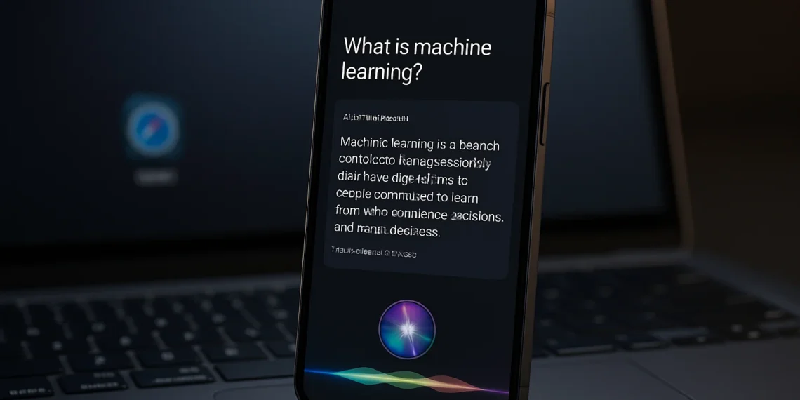 واجهة عرض تخيلية لمحرك ذكاء اصطناعي من آبل يعمل داخل تطبيق Siri، يعرض إجابات فورية مستمدة من الإنترنت، في إشارة إلى مشروع آبل لتطوير محرك ذكاء اصطناعي