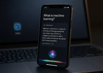 واجهة عرض تخيلية لمحرك ذكاء اصطناعي من آبل يعمل داخل تطبيق Siri، يعرض إجابات فورية مستمدة من الإنترنت، في إشارة إلى مشروع آبل لتطوير محرك ذكاء اصطناعي