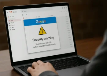مستخدم يتفقد بريده الإلكتروني على شاشة حاسوب، مع تحذير أمني من جوجل حول اختراق Gmail وطرق حماية الحساب