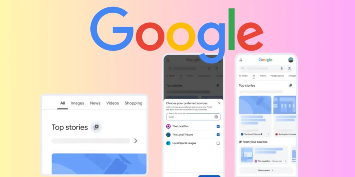 واجهة بحث جوجل تعرض ميزة المصادر المفضلة في نتائج البحث مع أيقونة النجمة بجوار قسم أهم الأخبار