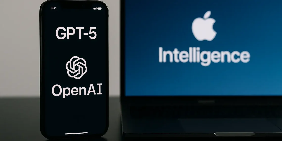 صورة تعبيريه توضح كيف ستدمج آبل نموذج GPT-5 في Apple Intelligence مع تحديث iOS 26