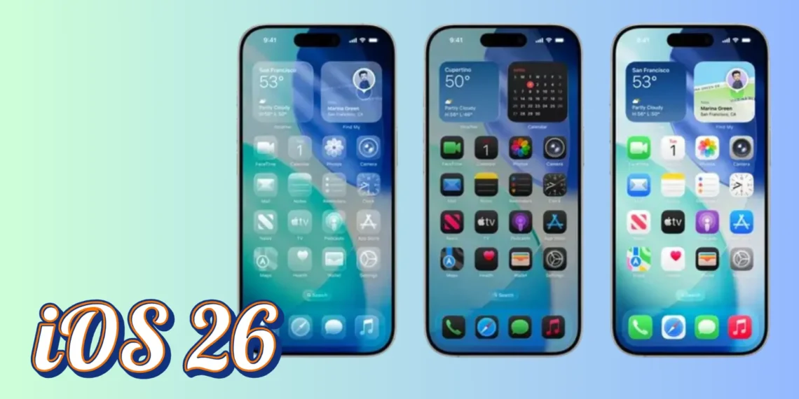 شاشة آيفون تعرض واجهة الإصدار التجريبي السادس من iOS 26 مع تصميم Liquid Glass وخصائص التخصيص الجديدة