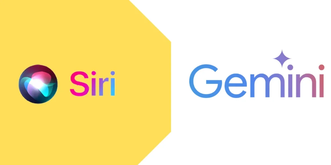 صورة توضيحية تظهر شعار آبل وجوجل مع مساعد سيري لتوضيح خبر اعتماد آبل على Gemini من جوجل لتطوير سيري