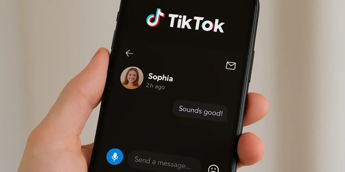 صورة تعبيرية لواجهة تطبيق تيك توك تعرض ميزة الرسائل المباشرة الجديدة مع خيار إرسال رسائل صوتية وصور متعددة، في إطار تحديث يعزز تجربة التواصل.
