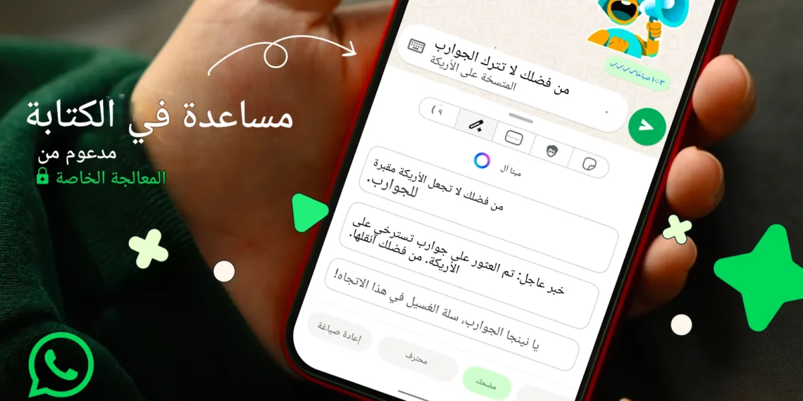 صورة توضح واجهة واتساب مع ميزة مساعد الكتابة الذكي بالذكاء الاصطناعي لاقتراح رسائل احترافية داخل المحادثات