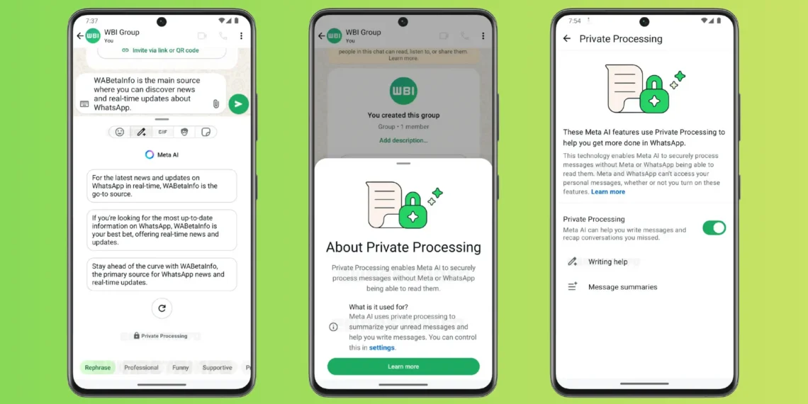 واجهة تطبيق واتساب على هاتف أندرويد تعرض ميزة أداة مساعدة الكتابة المدعومة بالذكاء الاصطناعي لإعادة صياغة وتحسين الرسائل مع الحفاظ على الخصوصية.