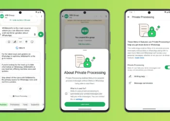 واجهة تطبيق واتساب على هاتف أندرويد تعرض ميزة أداة مساعدة الكتابة المدعومة بالذكاء الاصطناعي لإعادة صياغة وتحسين الرسائل مع الحفاظ على الخصوصية.