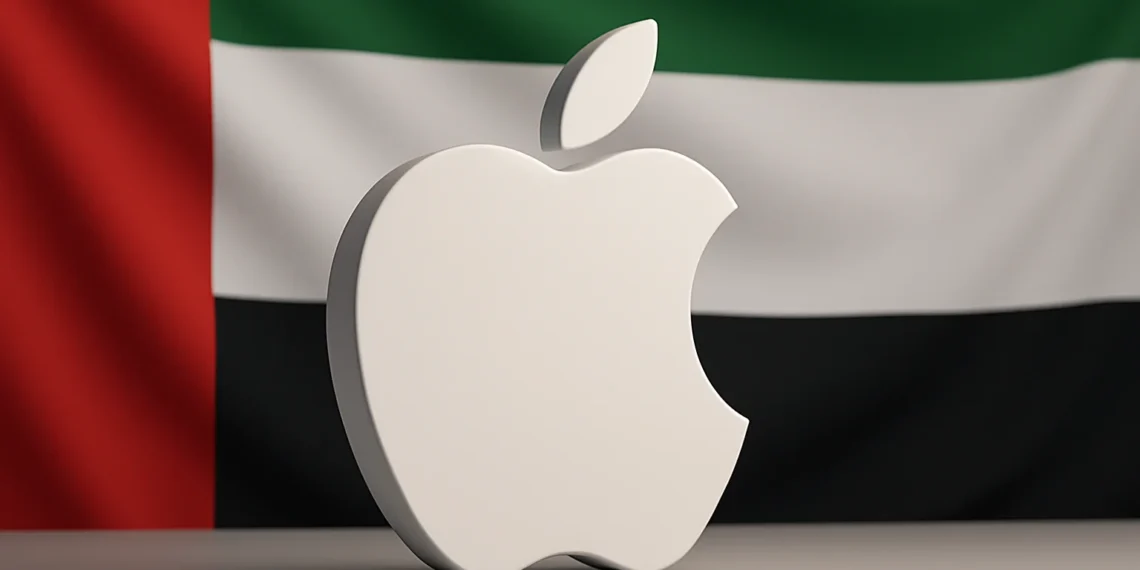شعار آبل ثلاثي الأبعاد أمام علم الإمارات يشير إلى افتتاح متجر آبل الجديد في مدينة العين