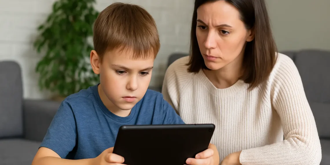 طفل يستخدم جهازًا لوحيًا بينما يراقبه أحد الوالدين لتجنب أخطاء الأطفال على الإنترنت وحمايتهم من المخاطر الرقمية