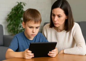 طفل يستخدم جهازًا لوحيًا بينما يراقبه أحد الوالدين لتجنب أخطاء الأطفال على الإنترنت وحمايتهم من المخاطر الرقمية