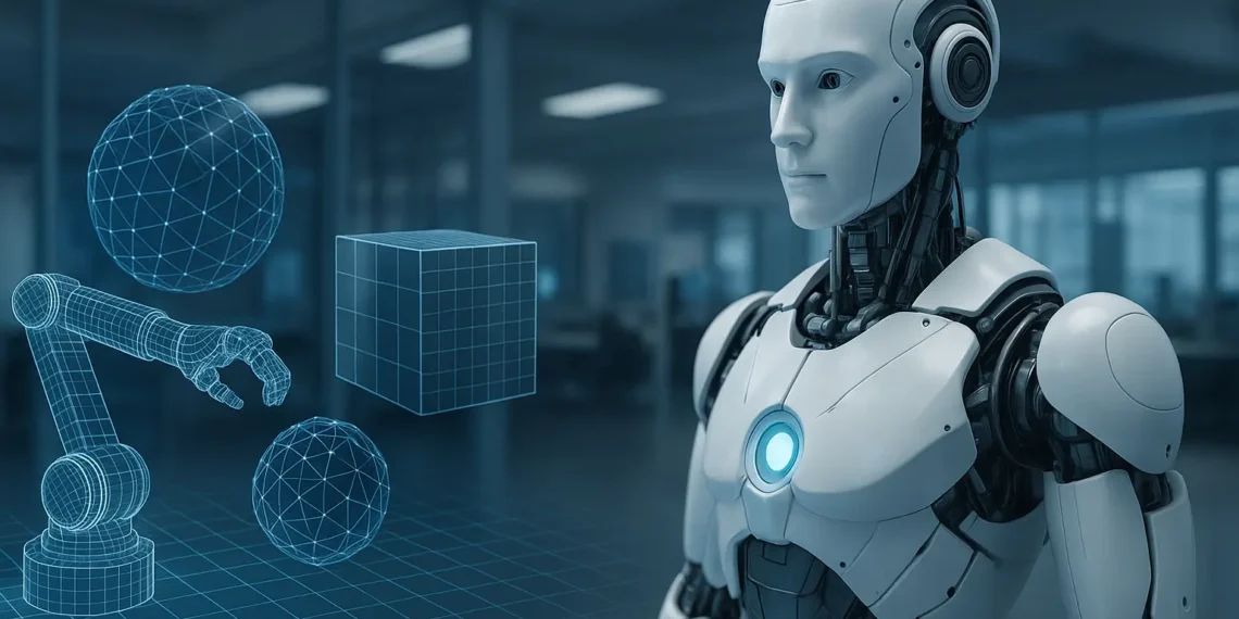 عرض ثلاثي الأبعاد لمفهوم الروبوتات والتطبيقات الفيزيائية مع تقنيات إنفيديا Cosmos في بيئة محاكاة متطورة