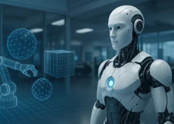 عرض ثلاثي الأبعاد لمفهوم الروبوتات والتطبيقات الفيزيائية مع تقنيات إنفيديا Cosmos في بيئة محاكاة متطورة